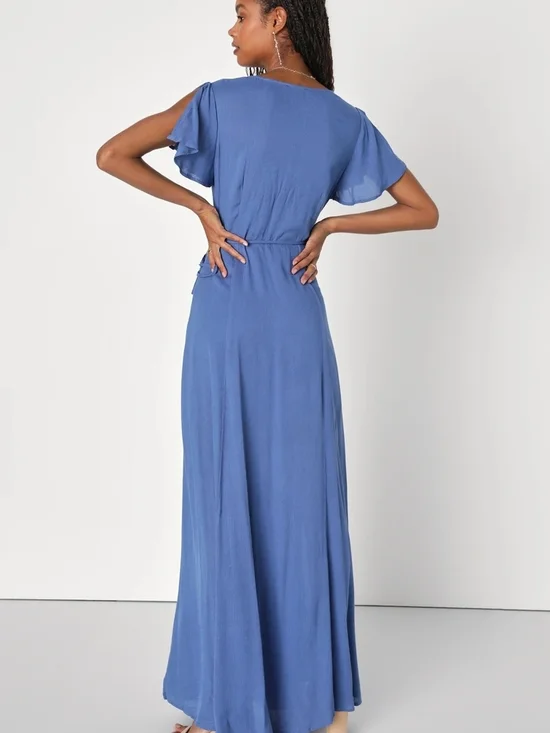 L • Lulu's • Heart of Marigold Denim Blue Wrap Maxi Dress - Picture 2 of 4
